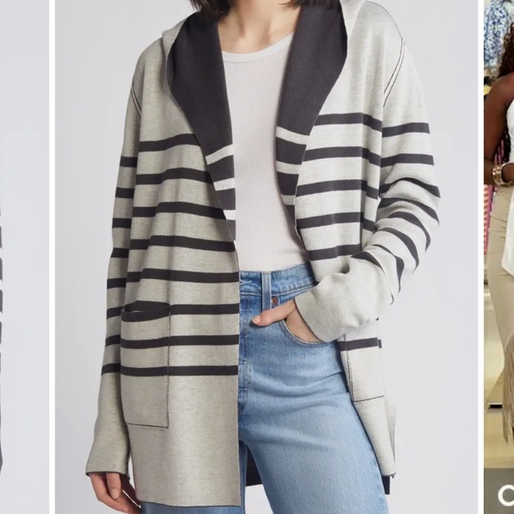 New! Splendid Sydney Cashblend Black/Gray Stripe Reversible Cardigan Sz Large - Picture 3 of 14